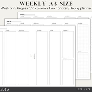 Vertical Weekly Planner Inserts, minimal style A5 size printables, 1,5'' column in Erin Condren/ Happy Planner design