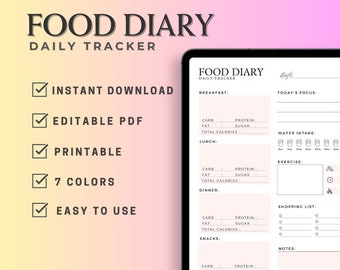 Digital Food Diary, Daily Food Journal, Meal Planner, Weight Loss Journal, Calorie Tracker, Macros Tracker, Editable and Printable Food Log