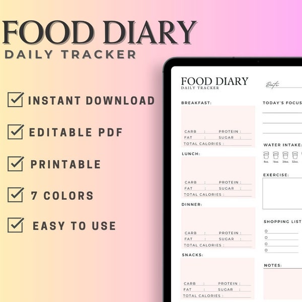 Journal alimentaire numérique, journal alimentaire quotidien, planificateur de repas, journal de perte de poids, suivi des calories, suivi des macros, journal alimentaire modifiable et imprimable
