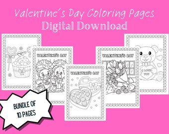 Bundle of 10 Valentine's Day Coloring Pages - Digital Download