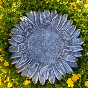 Könnte beinhalten: Ein graues Beton-Vogelbad in Sonnenblumenform mit einer strukturierten Oberfläche. Das Vogelbad ist sonnenblumenförmig mit einer großen Mitte und vielen Blütenblättern.