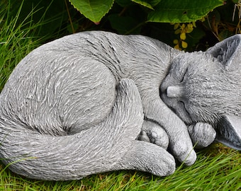 Stone cat stone figure cat curled up lifelike - solid cast stone, frost-resistant, weatherproof, handmade from Rhineland-Palatinate