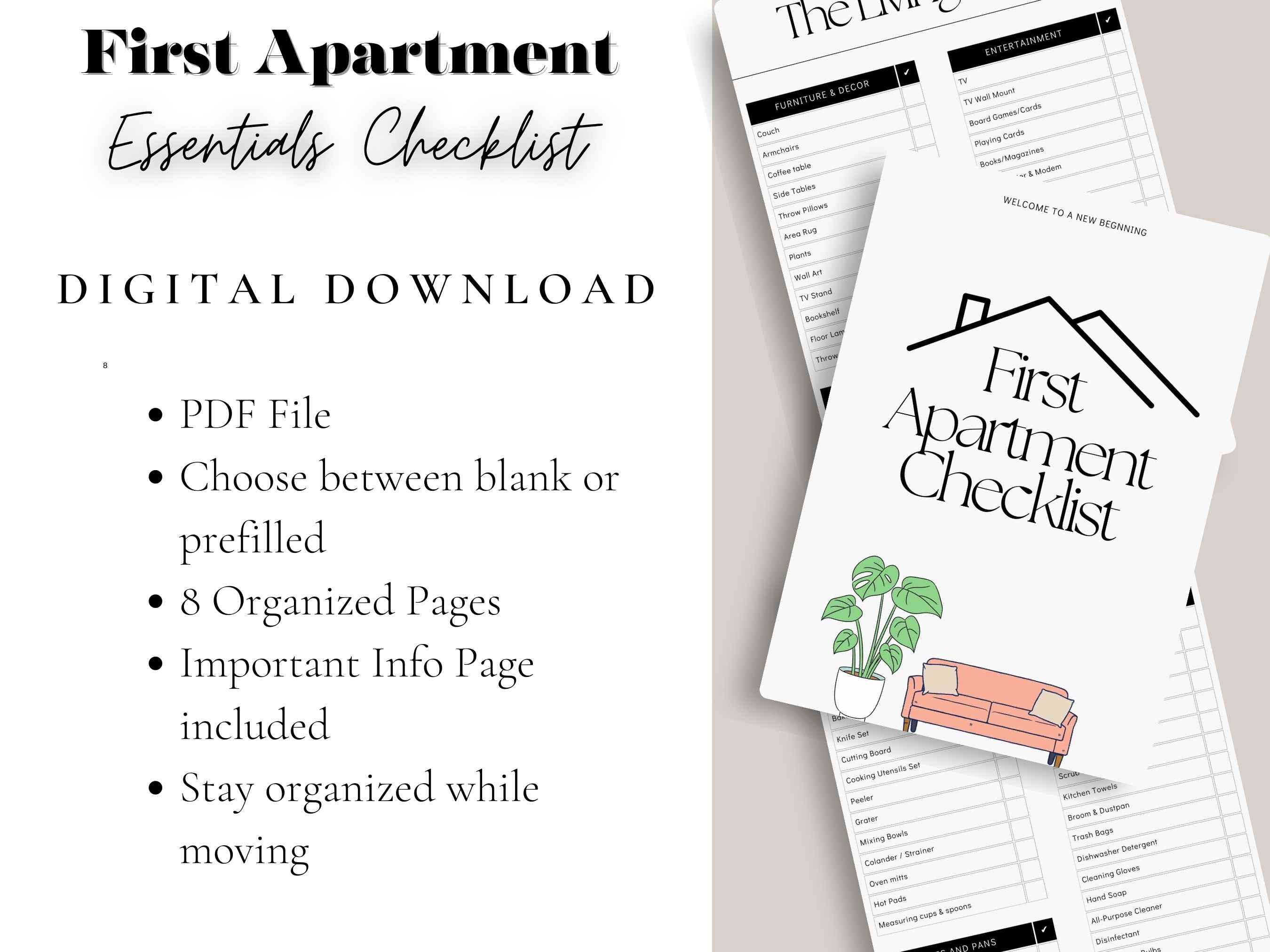 New Apartment Essentials Checklist, First Home Checklist Printable,new ...