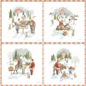 Könnte beinhalten: Vier quadratische Aquarelldrucke mit Weihnachtsmotiv. Jeder Druck zeigt eine verschneite Szene mit dem Weihnachtsmann, Rentieren, Kindern und Waldtieren. Die Drucke zeigen eine rote Scheune, Bäume und Schilder, mit dem Schriftzug "Santa's Tree Farm".