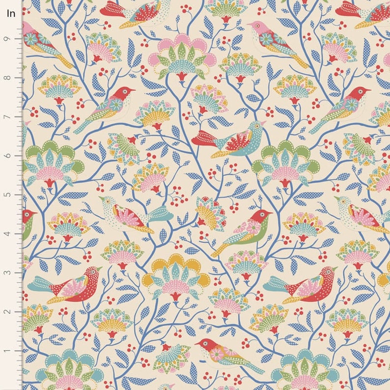 Tilda's Jubilee Yardage Bird Tree 3 Colorways Blue/Creme/Red Spring/Summer 2024 Creme