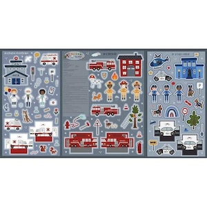 Puede incluir: Un conjunto de paneles de tela con ilustraciones de servicios de emergencia. Los paneles representan un hospital, una estación de bomberos y una estación de policía, junto con vehículos, personal y animales relacionados. La paleta de colores incluye rojo, azul, blanco y gris.