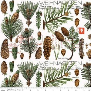 May include: A white fabric with a botanical design featuring pine cones, pine needles, and text in a vintage style. The design includes the word "WEIHNACHTEN" and other script. The fabric is measured in inches.