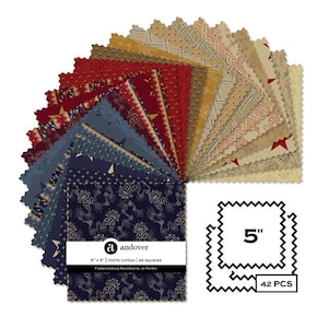 May include: A collection of 42 fabric squares, each 5" x 5", in various patterns and colors, including red, blue, and tan. The fabric is 100% cotton. The label reads "andover" and "Fredericksburg Revisited by Jo Morton".