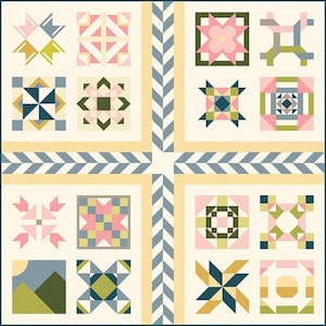 Może przedstawiać: Kołdra patchworkowa z powtarzającym się wzorem geometrycznych bloków w odcieniach różu, zieleni, błękitu i żółci. Bloki ułożone są w siatkę, z kremowym tłem i obramowaniem z niebieskich i żółtych szewronów.