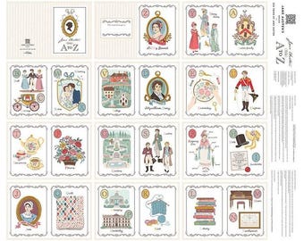 May include: A fabric panel featuring Jane Austen's A to Z, with illustrated cards. Each card has a letter, a picture, and a word. The cards are in a cream color with a decorative border. The panel includes a silhouette of Jane Austen.