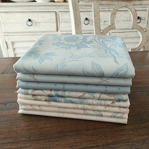 May include: A stack of folded fabric squares in shades of blue and cream. The top fabric has a large floral pattern. Other fabrics feature floral, scissor, and cross-stitch designs. The fabrics are stacked on a dark wooden surface.