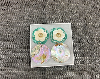 Flower Beaded Abalone Earrings size 2 inches