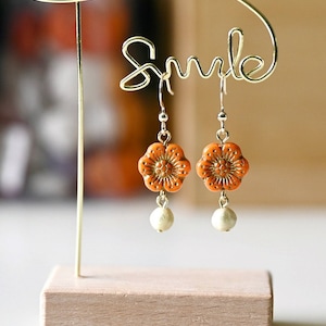 Vintage Orange Flower Dangle Earrings, Czech Glass Beads Boho Earrings, Vintage Flower Drop Down Earrings, Affordable Earrings Gifts For Her image 2