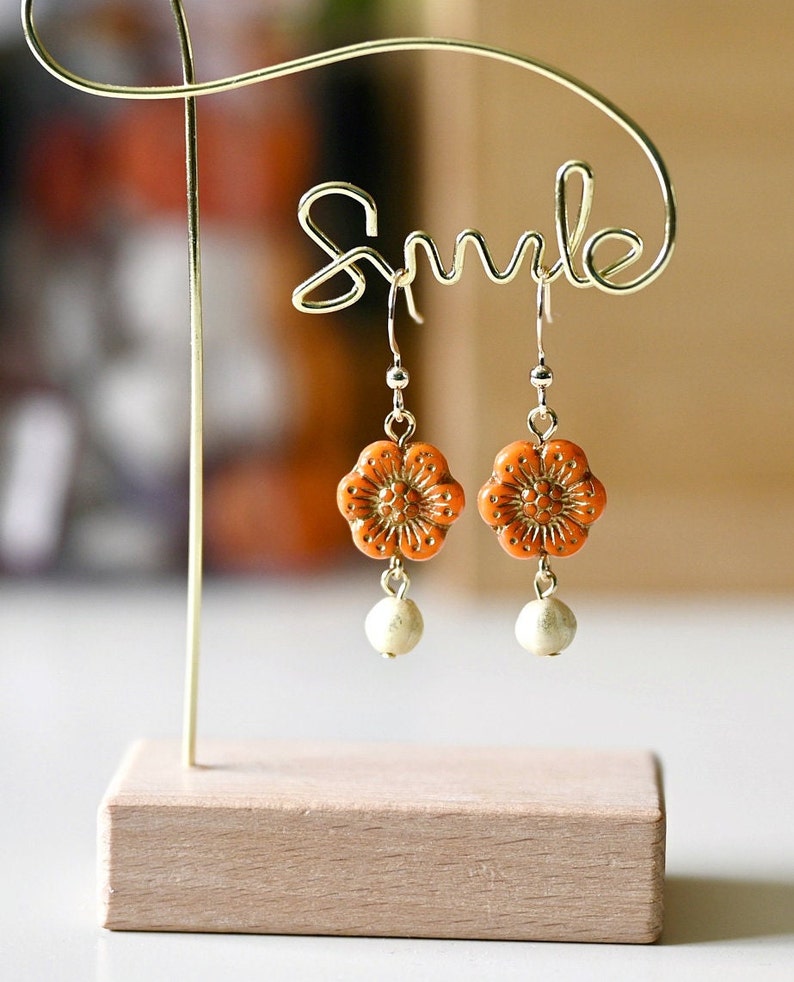Vintage Orange Flower Dangle Earrings, Czech Glass Beads Boho Earrings, Vintage Flower Drop Down Earrings, Affordable Earrings Gifts For Her image 2