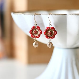 Vintage Orange Flower Dangle Earrings, Czech Glass Beads Boho Earrings, Vintage Flower Drop Down Earrings, Affordable Earrings Gifts For Her Red Flower