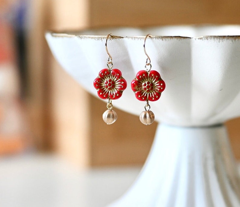 Vintage Orange Flower Dangle Earrings, Czech Glass Beads Boho Earrings, Vintage Flower Drop Down Earrings, Affordable Earrings Gifts For Her Red Flower