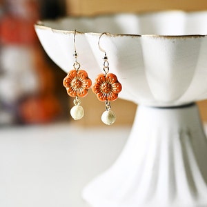 Vintage Orange Flower Dangle Earrings, Czech Glass Beads Boho Earrings, Vintage Flower Drop Down Earrings, Affordable Earrings Gifts For Her image 1