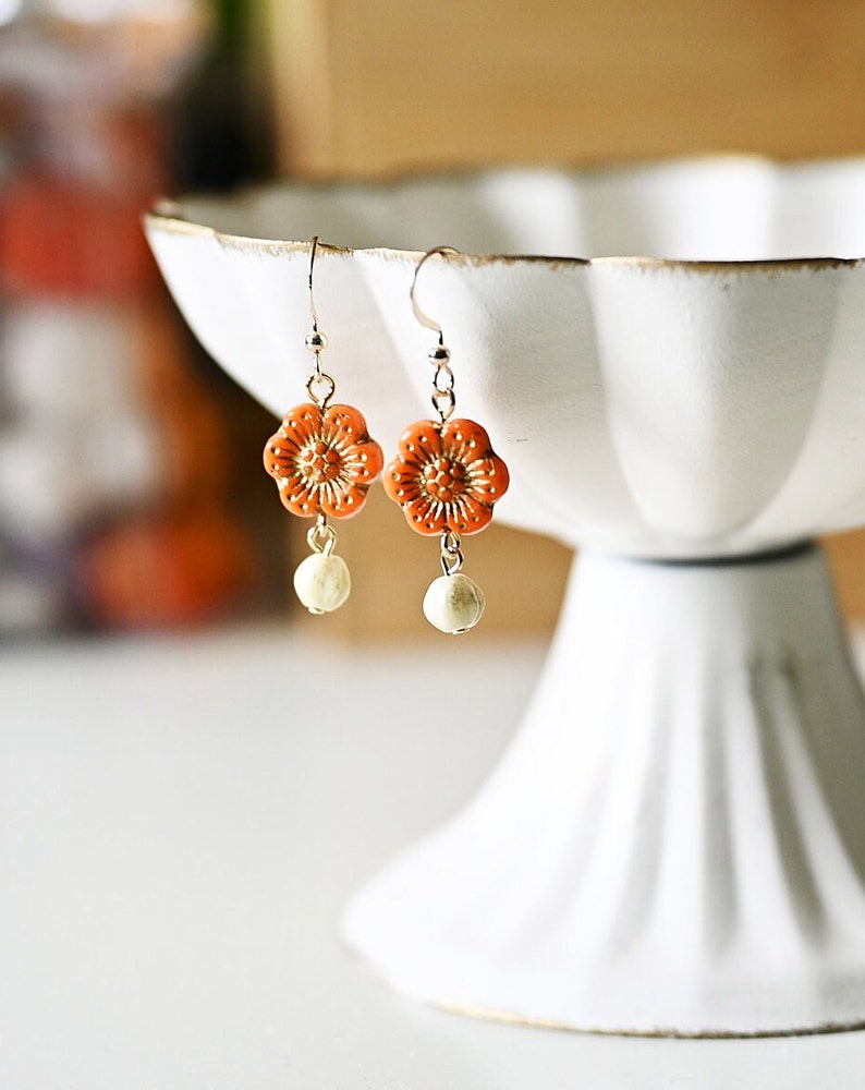 Vintage Orange Flower Dangle Earrings, Czech Glass Beads Boho Earrings, Vintage Flower Drop Down Earrings, Affordable Earrings Gifts For Her image 1