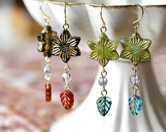 Hexagonal Floral Czech Beads Dangle Earrings with Leaf Drops, Boho Style, Gift for Her