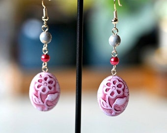 Oval Flower Czech Beads Dangle Earrings, Boho Style, Pink Flower, Purple Flower, Gift for her