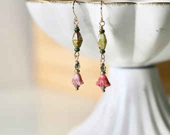 Vintage Pink Tulip Dangle Earrings, Czech Glass Beads Boho Earrings, Vintage Flower Drop Down Earrings, Affordable Earrings Gifts For Her