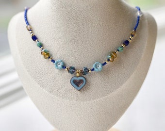 Vintage Blue-Color Beaded Necklace, Czech Glass Beads Necklace with Heart, Heart Drop Seed Bead Necklace, Boho Style Beaded Necklace for Her