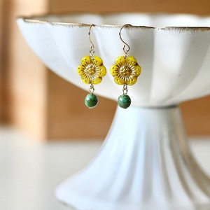 Vintage Orange Flower Dangle Earrings, Czech Glass Beads Boho Earrings, Vintage Flower Drop Down Earrings, Affordable Earrings Gifts For Her Yellow Flower