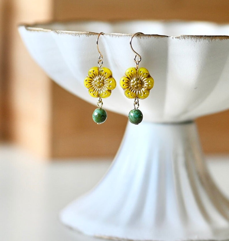 Vintage Orange Flower Dangle Earrings, Czech Glass Beads Boho Earrings, Vintage Flower Drop Down Earrings, Affordable Earrings Gifts For Her Yellow Flower