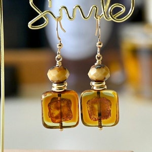 Large Square Vintage Czech Glass Beads Dangle Earrings, Boho Style Glass Drop Down Earring, Square Bead Dangling Earrings For Women