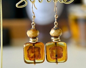 Large Square Vintage Czech Glass Beads Dangle Earrings, Boho Style Glass Drop Down Earring, Square Bead Dangling Earrings For Women