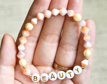 Custom Beaded Bracelet, Alphabetic Letters Bracelet, Personalized Word Bracelet Stack, Girls Name Streching Bracelet, Inspiration Word