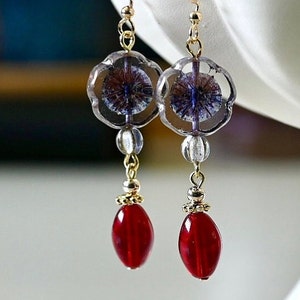 Purple Crystal Flower Drop Down Earrings, Vintage Czech Glass Beads Floral Dangle Earrings, Long Red Drop Glass Earrings, Gift For Her