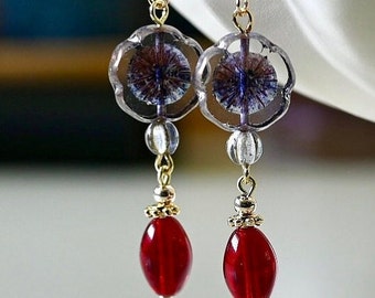 Purple Crystal Flower Drop Down Earrings, Vintage Czech Glass Beads Floral Dangle Earrings, Long Red Drop Glass Earrings, Gift For Her