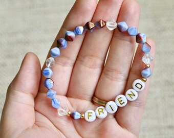 Blue Colored Custom Beaded Bracelet, Word of the Year Bracelet,  Girl Personalized Word Bracelet Stack, Word of Affirmation, Stretchy