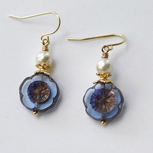 Czech Glass Bead Blue Flower Dangle Earrings, Flower Bead Dangling Earrings For Women, Boho Style Earrings, Affordable Earrings Gifts