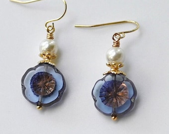 Czech Glass Bead Blue Flower Dangle Earrings, Flower Bead Dangling Earrings For Women, Boho Style Earrings, Affordable Earrings Gifts