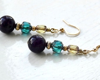 5A Natural South Africa Amethyst Gemstone Dangle Earrings, Czech Glass Beads Drop Down Darrings, Colorful Beads Dangling Down Earrings