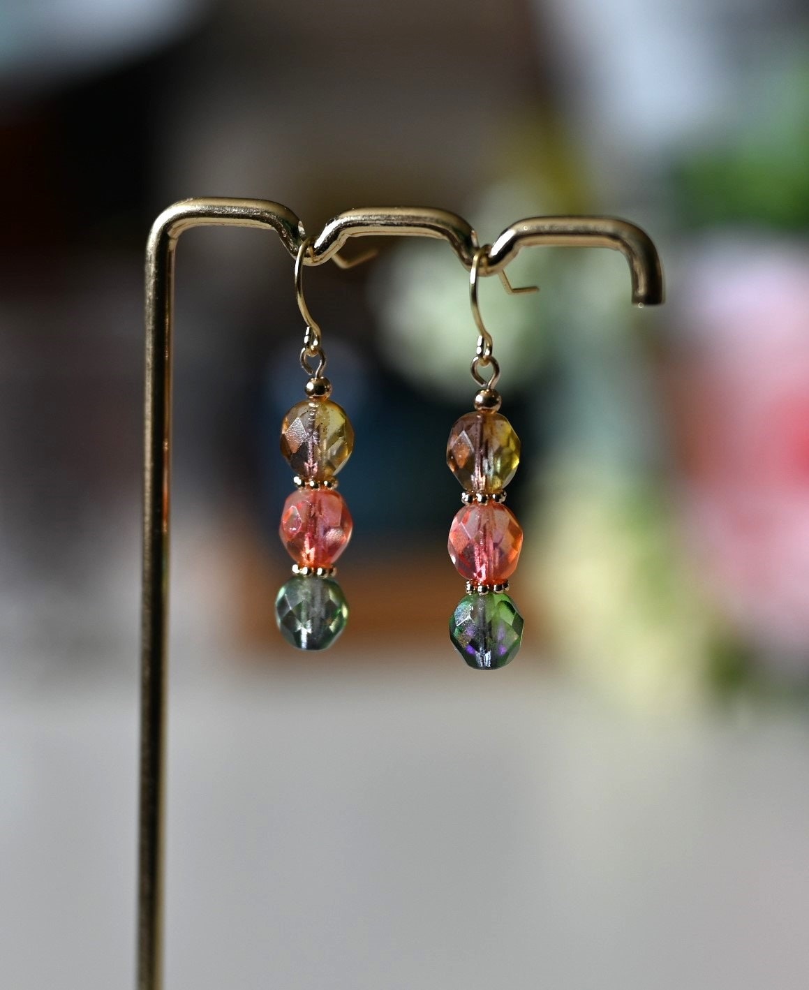 Simple Czech Fire-Polished Glass Beads Dangle Earrings, Triple Shining Beads, Gift for Her