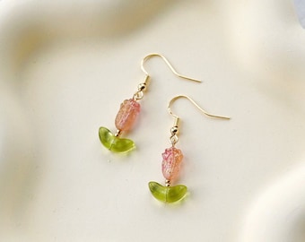 Tulip Czech Glass Beads Dangle Earrings, Cute Flower Dangle Earrings with Leaf, Wild Flowers Botanical Earrings Unique