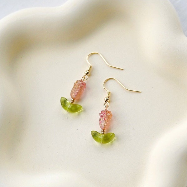 Tulip Czech Glass Beads Dangle Earrings, Cute Flower Dangle Earrings with Leaf, Wild Flowers Botanical Earrings Unique