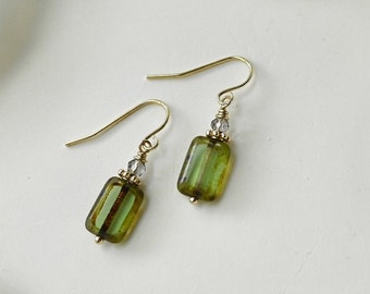 Vintage Blue Rectangle Dangle Earrings, Czech Glass Beads Boho Earrings, Vintage Square Drop Down Earrings, Affordable Gifts For Her