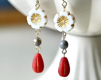 White Hawaii Flower Czech Beads Dangle Earrings, Red Drops, Boho Style, Gift for Her