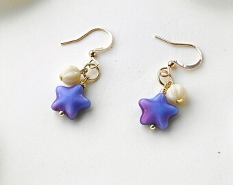 Cute Star Czech Beads Earrings with Pumpkin Beads, Fun Style Purple Star Dangle Earrings, Novelty Dangle Earrings Teen Girls, Gift For Her