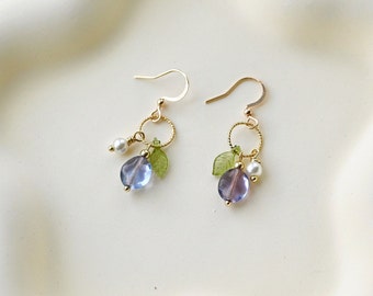 Purple Czech Glass Beads Dangle Earrings with Leaf and Pearl, Colorful Fun-Style Drop Down Earrings, Exquisite Earrings Gifts, Gift For Her