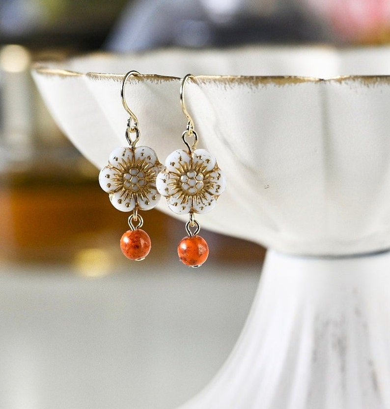 Vintage Orange Flower Dangle Earrings, Czech Glass Beads Boho Earrings, Vintage Flower Drop Down Earrings, Affordable Earrings Gifts For Her White Flower