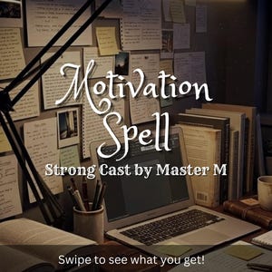 May include: A desk setup featuring a laptop, a stack of books, a mug, and a pen holder. The wall behind the desk is covered in numerous notes and papers. The text Motivation Spell Strong Cast by Master M is overlaid in the centre of the image.