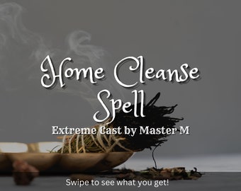 Puede incluir: Un manojo de salvia ardiente en un cuenco de latón. El humo se eleva por encima del cuenco. El texto "Home Cleanse Spell" está escrito en una fuente decorativa sobre el cuenco. El texto "Extreme Cast by Master M" está escrito debajo del cuenco. El texto "Swipe to see what you get!" está escrito debajo del cuenco.