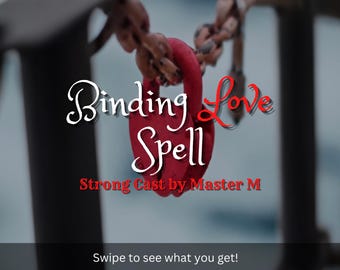 Può includere: Un lucchetto rosso a forma di cuore è attaccato a una catena. Le parole "Binding Love Spell" sono scritte in bianco, con "Love" in rosso. Sotto, si legge "Strong Cast by Master M."
