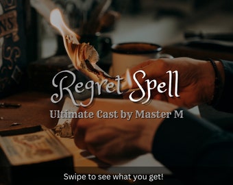 May include: Image of a ritual in progress, featuring a burning scroll held by hands. The text "Regret Spell" and "Ultimate Cast by Master M" is overlaid. The image also includes the text "Swipe to see what you get!"