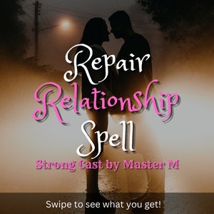 Puede incluir: Silueta de una pareja de pie juntos en una calle brumosa por la noche. El texto "Repair Relationship Spell Strong Cast by Master M" está escrito en rosa en la imagen. El texto "Swipe to see what you get!" está en la parte inferior de la imagen.
